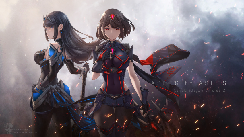 2girls, absurdres, aegis_sword_(xenoblade), alternate_color, bob_cut, chest_jewel, earrings, floating_earrings, gloves, hand_on_own_hip, highres, jewelry, long_hair, lu_(pixiv20967832), multiple_girls, mythra_(massive_melee)_(xenoblade), mythra_(xenoblade), nintendo, pantyhose, pantyhose_under_shorts, pyra_(xenoblade), short_hair, short_shorts, shorts, super_smash_bros., swept_bangs, thighhighs, tiara, very_long_hair, xenoblade_chronicles_(series), xenoblade_chronicles_2