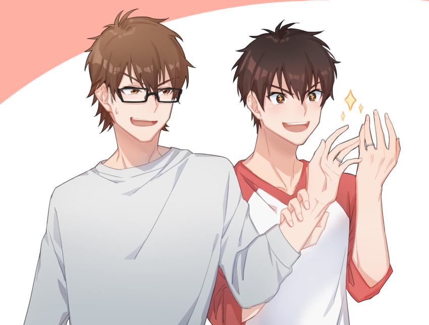 +_+, 2boys, ace_of_diamond, blush, brown_eyes, brown_hair, couple, glasses, highres, holding_another's_arm, jewelry, lack_o, male_focus, miyuki_kazuya, multiple_boys, open_mouth, red_shirt, ring, sawamura_eijun, shirt, short_hair, sideburns, simple_background, smile, sparkling_eyes, star-shaped_pupils, star_(symbol), symbol-shaped_pupils, two-tone_shirt, upper_body, wedding_ring, white_shirt, yaoi