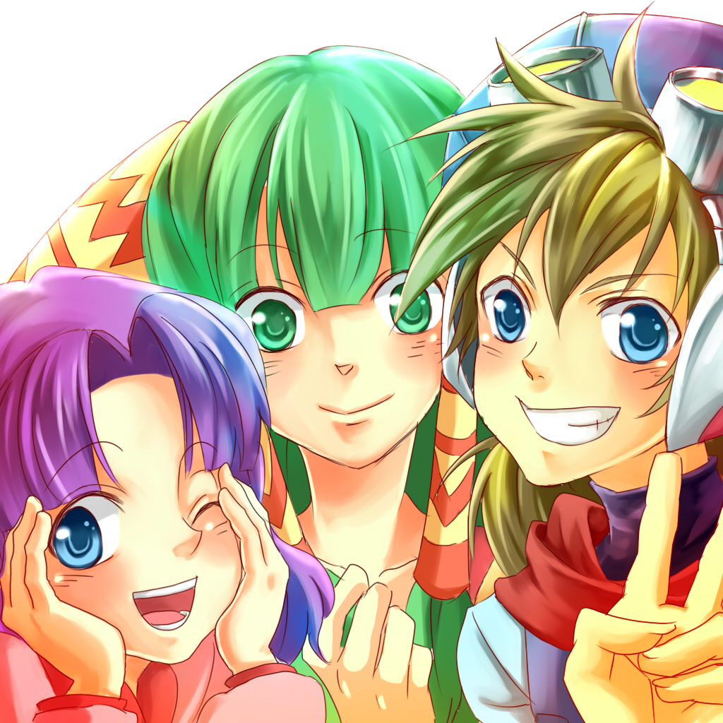 1boy, 2girls, blonde_hair, blue_eyes, feena_(grandia), game_arts, grandia, grandia_i