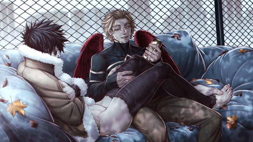 2boys, bare_shoulders, black_hair, blonde_hair, boku_no_hero_academia, burn_scar, coat, coat_only, couch, dabi_(boku_no_hero_academia), hawks_(boku_no_hero_academia), highres, multiple_boys, no_pants, saika076, scar, sitting, thigh_grab, todoroki_touya, wings, yaoi