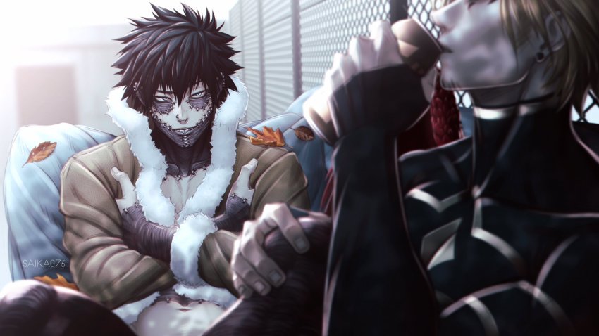 2boys, black_hair, blonde_hair, boku_no_hero_academia, burn_scar, coat, couch, dabi_(boku_no_hero_academia)