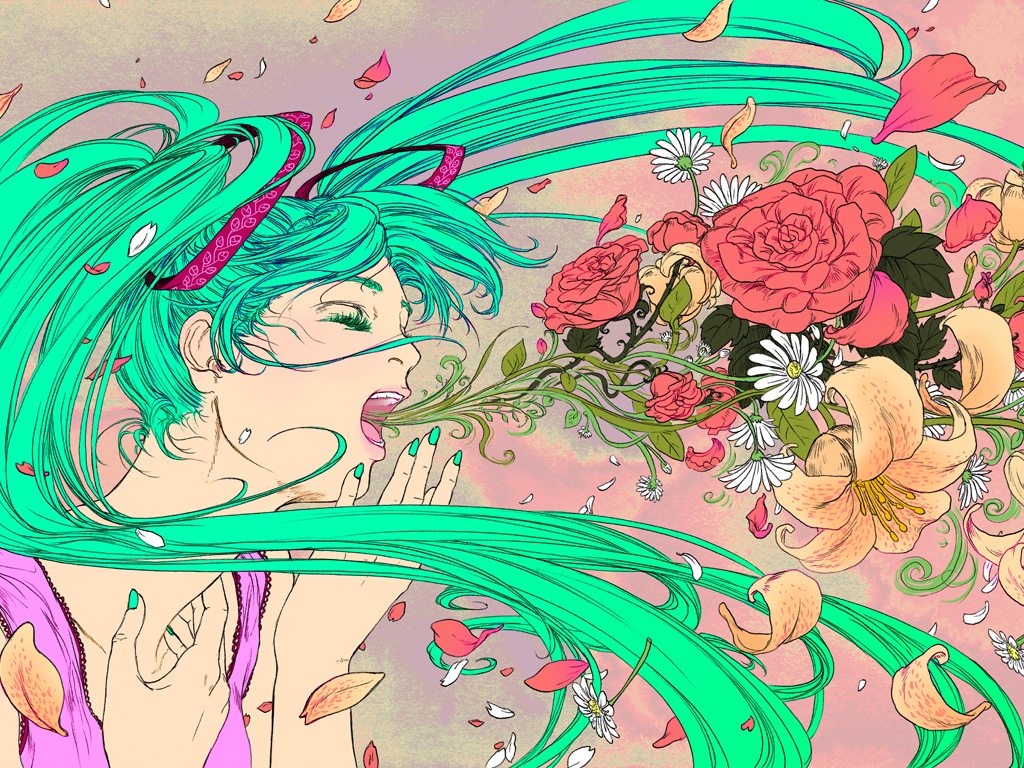 1girl, aqua_hair, closed_eyes, female_focus, flower, green_nails, hatsune_miku, joanna_krotka