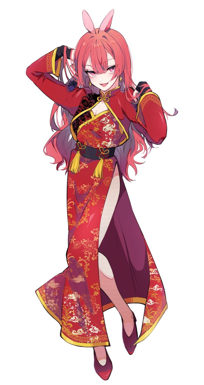 1boy, animal_ears, china_dress, chinese_clothes, commentary_request, dress, earrings, full_body, hair_between_eyes, high_heels, highres, jewelry, long_hair, long_sleeves, nekoma_hikaru, open_mouth, original, pink_eyes, pink_hair, rabbit_boy, rabbit_ears, simple_background, solo, tongue, trap, white_background