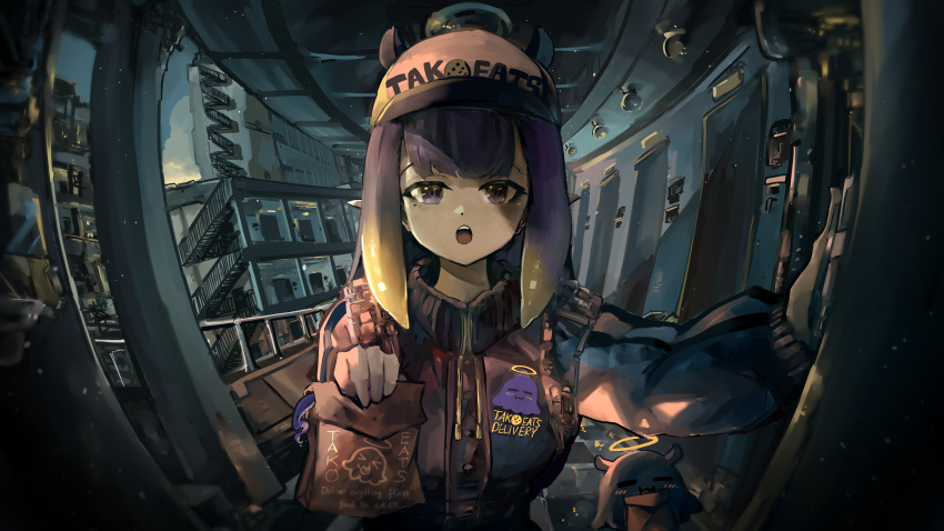 1girl, absurdres, alternate_breast_size_(larger), alternate_costume, apartment, backpack, bag, baseball_cap, breasts, building, cloud, cloudy_sky, delivery, door, doorbell, drawstring, english_text, evening, fire_escape, fisheye, hallway, halo, hat, highres, holding, holding_bag, hololive, hololive_english, jacket, medium_breasts, mole, mole_under_eye, ninomae_ina'nis, open_mouth, paper_bag, peephole, purple_eyes, purple_hair, sidelocks, sky, solo, stairs, stairwell, takodachi_(ninomae_ina'nis), tentacle_hair, tentacles, virtual_youtuber, vyragami