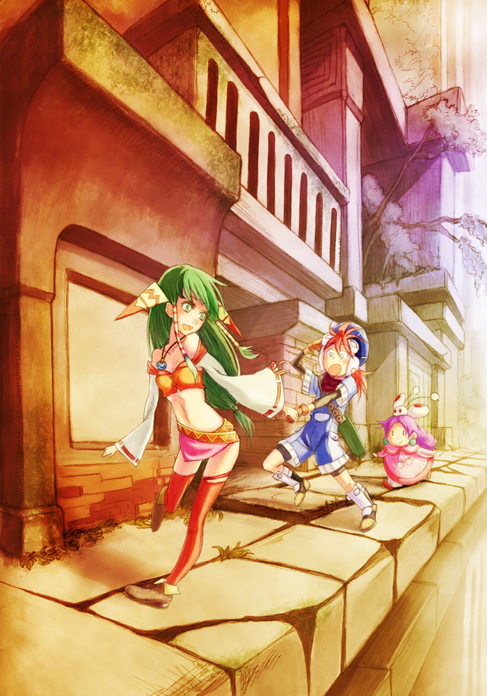 00s, 1boy, 2girls, akai_kagerou, end_of_the_world_(grandia), feena_(grandia), game_arts, grandia
