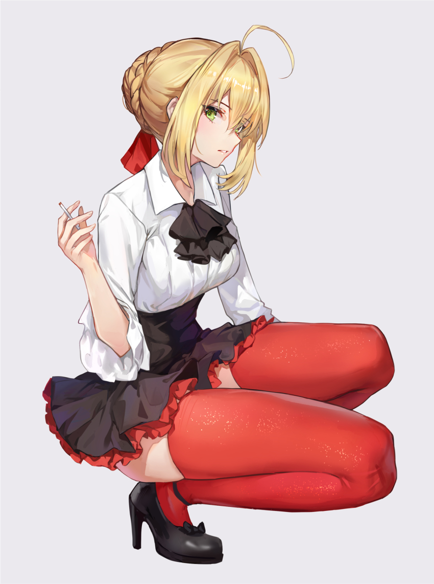 1girl, ahoge, ascot, black_ascot, black_footwear, black_skirt, blonde_hair, braid