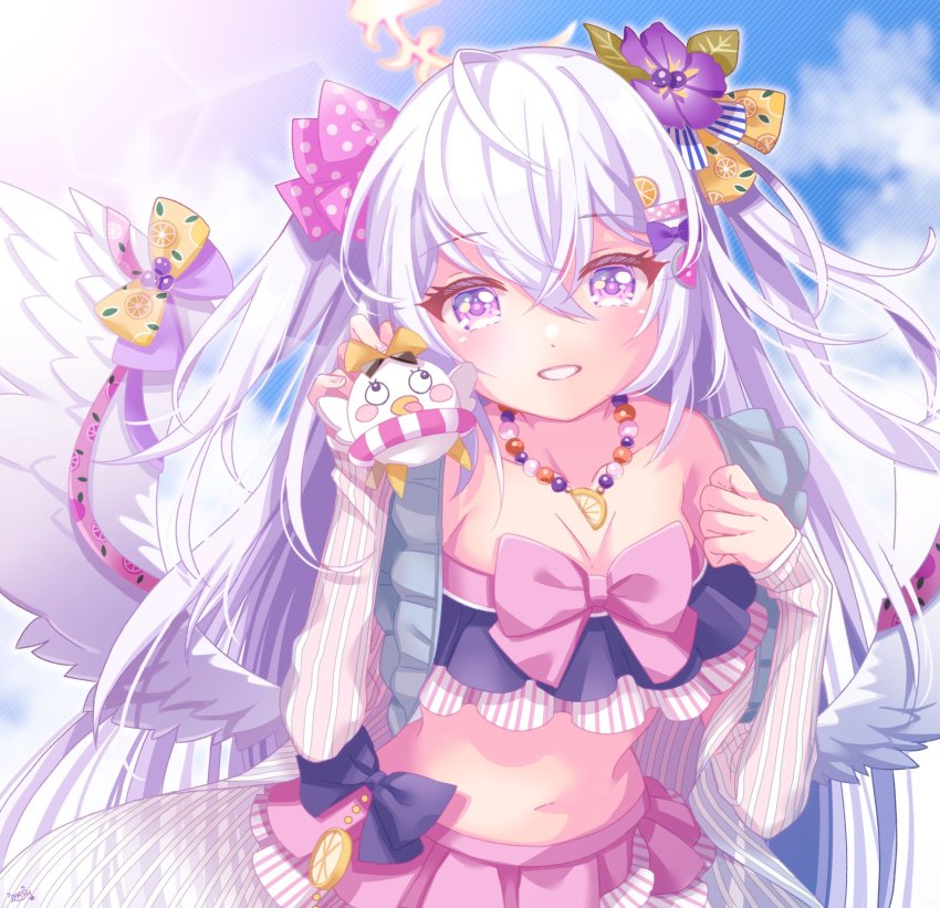 1girl, alternate_costume, angel_wings, azusa_(blue_archive), azusa_(swimsuit)_(blue_archive), bikini, blue_archive, blush, breasts, cleavage, collarbone, commentary_request, hair_ribbon, halo, highres, jewelry, looking_at_viewer, mash112, necklace, peroro_(blue_archive), purple_eyes, ribbon, sky, small_breasts, solo, swimsuit, wings