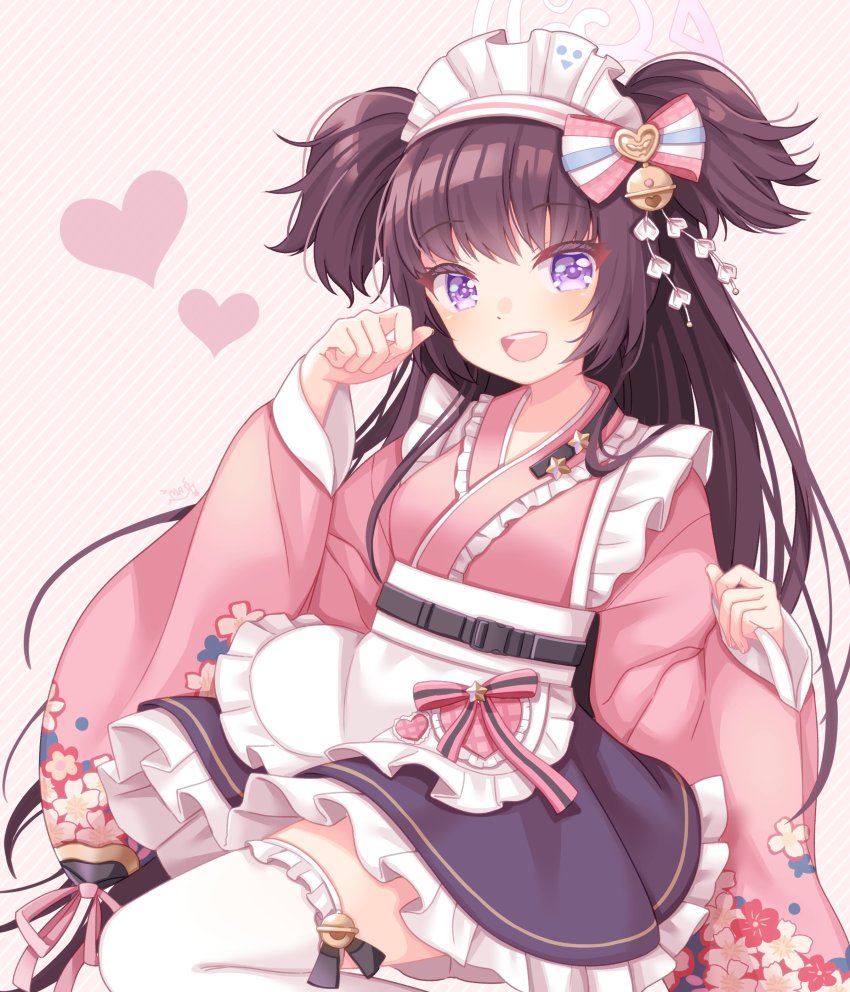 1girl, absurdres, apron, belt, black_hair, blue_archive, blush, breasts, commentary_request, hair_ornament, hair_ribbon, halo, heart, highres, japanese_clothes, long_sleeves, looking_at_viewer, maid, maid_headdress, mash112, open_mouth, purple_eyes, ribbon, shizuko_(blue_archive), simple_background, solo, thighhighs, wa_maid, white_background, white_thighhighs