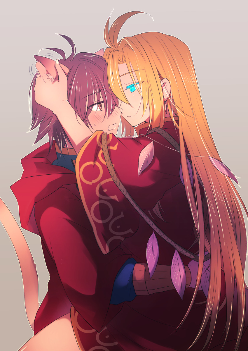 2boys, absurdres, ahat_(ragnarok_online), animal_ears, blonde_hair, blue_eyes, blue_shirt, blush, brown_eyes, brown_hair, cat_boy, cat_ears, cat_tail, cheshire_(ragnarok_online), cloak, closed_mouth, colored_eyelashes, commentary_request, cowboy_shot, ear_fondling, grey_background, hair_between_eyes, highres, hug, long_hair, looking_at_another, male_focus, manoji, multiple_boys, open_mouth, ragnarok_online, red_cloak, red_robe, robe, shirt, short_hair, simple_background, tail, yaoi