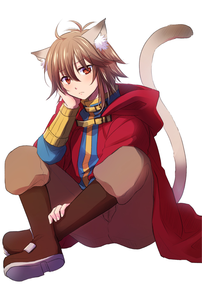 1boy, absurdres, animal_ear_fluff, animal_ears, blue_shirt, boots, brown_boots, brown_eyes
