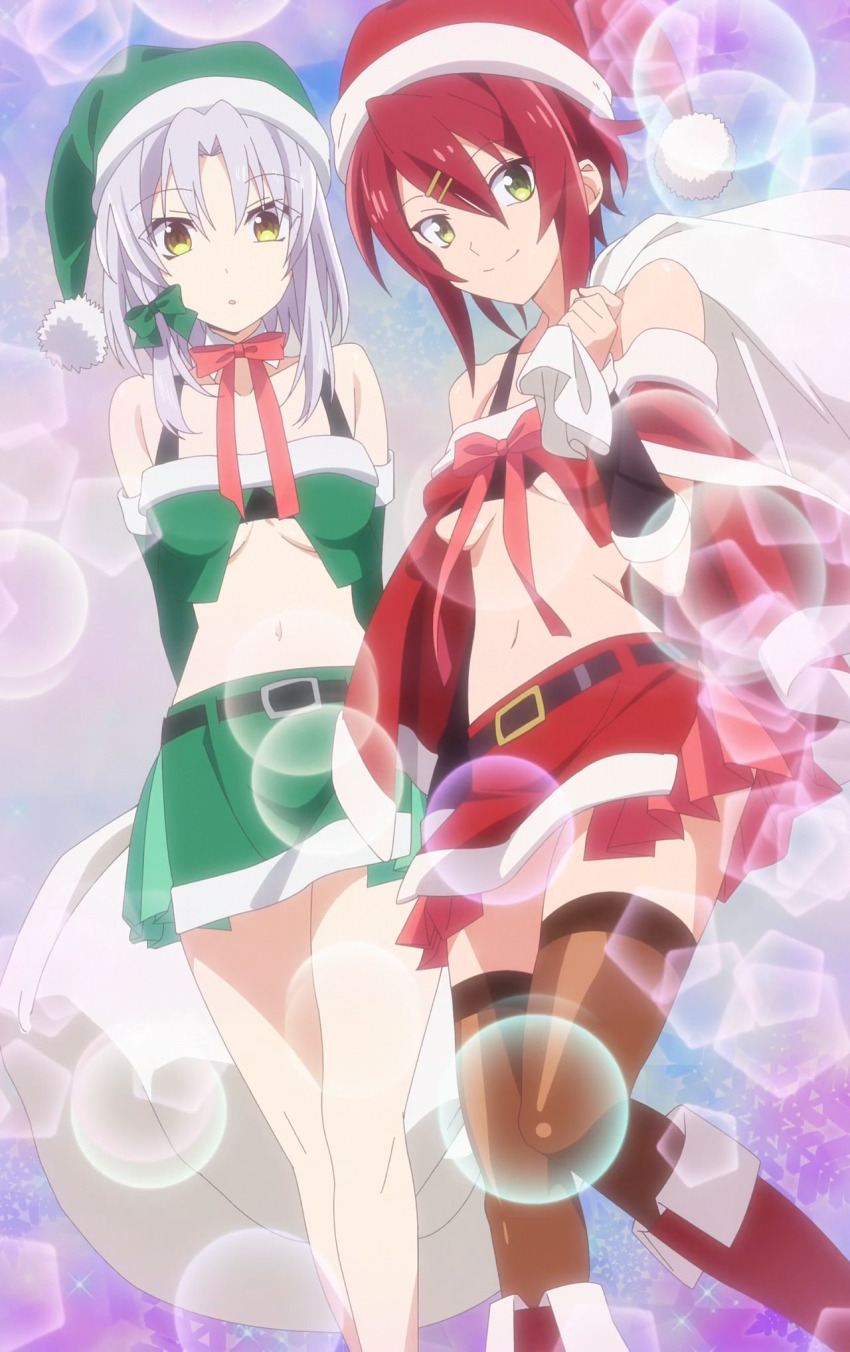 2girls, anime_screenshot, bare_shoulders, black_bra, boots, bra, breasts, detached_sleeves, green_ribbon, green_skirt, hair_between_eyes, hair_ornament, hair_ribbon, hat, highres, holding, holding_sack, hozumi_serene, looking_at_viewer, medium_breasts, megami-ryou_no_ryoubo-kun, multiple_girls, navel, pink_skirt, red_hair, red_ribbon, ribbon, sack, santa_boots, santa_costume, santa_hat, senshou_kiriya, short_hair, skirt, smile, stitched, stomach, thighhighs, thighs, third-party_edit, underboob, underwear, white_hair, yellow_eyes