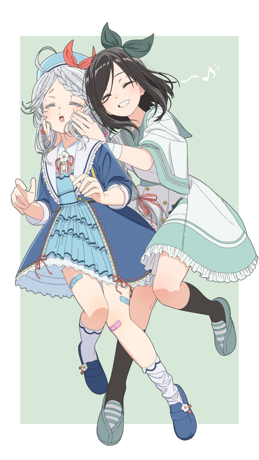 2girls, absurdres, ahoge, bandages, black_legwear, blue_dress, boko_(maniacpurple), brown_hair