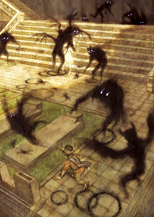 1boy, 1girl, barefoot, black_hair, black_wings, dress, horns, ico