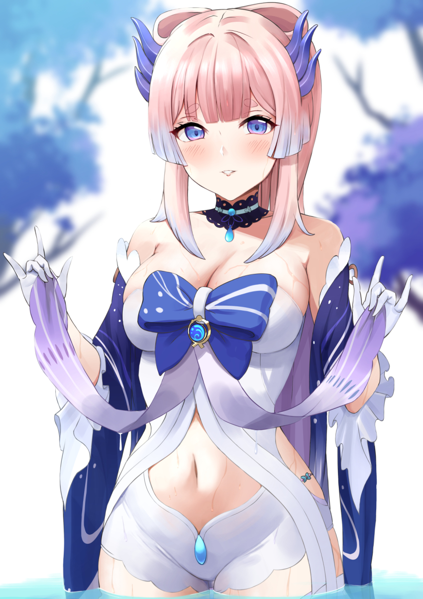 1girl, bare_shoulders, blue_dress, blush, breasts, cleavage, detached_collar, dress