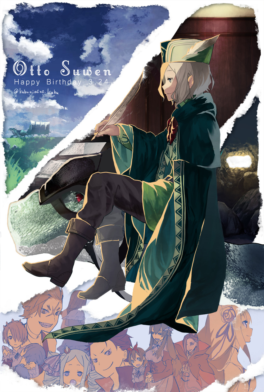 beatrice_(re:zero), boots, cape, carriage, emilia_(re:zero), feathers, frederica_baumann, from_side, frufoo, garfiel_tinsel, green_shirt, grey_hair, grin, happy_birthday, hat, highres, ito_(goooooooooooooooon), meili_portroute, natsuki_subaru, otto_suewen, petra_leyte, quill, ram_(re:zero), re:zero_kara_hajimeru_isekai_seikatsu, rem_(re:zero), ribbon, roswaal_l._mathers, shirt, sitting, smile, solo_focus