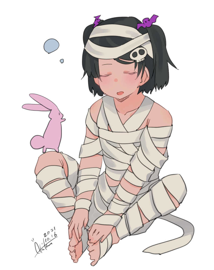 1girl, absurdres, bandages, black_hair, blush, braid, commentary_request, dated