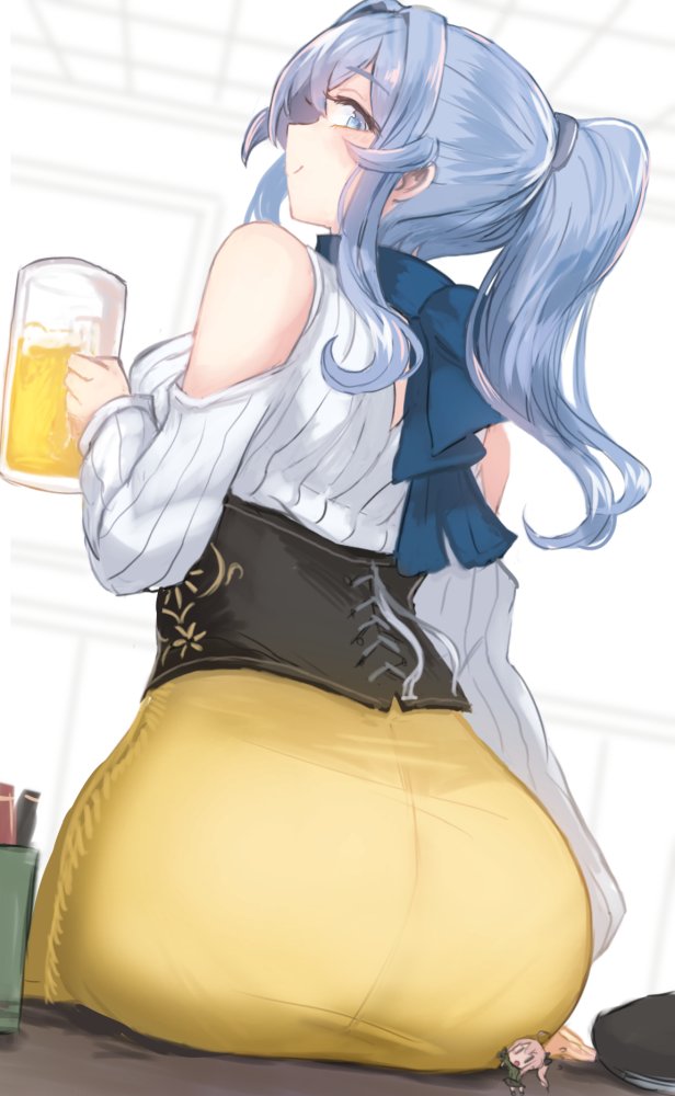 1girl, 2girls, alcohol, ass, bare_shoulders, beer, beer_mug, black_boots, black_scrunchie, blue_eyes, blue_hair, blush, boots, breasts, commentary, corset, cup, desk, detached_sleeves, dress, fairy_(kancolle), from_behind, full_body, gotland_(kancolle), gotland_(oktoberfest)_(kancolle), hair_between_eyes, holding, holding_cup, kantai_collection, large_breasts, long_hair, long_skirt, looking_at_viewer, looking_back, mini_person, minigirl, mole, mole_under_eye, mug, multiple_girls, official_alternate_costume, on_desk, open_mouth, ponytail, scrunchie, shirt, sitting, skirt, smile, solo, untranslatable_commentary, transparent_background, utopia_(utopiavl), white_shirt, yellow_skirt