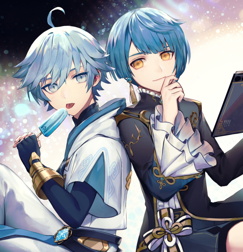 2boys, ahoge, asymmetrical_bangs, blue_eyes, blue_hair, chinese_clothes, chongyun_(genshin_impact), commentary_request