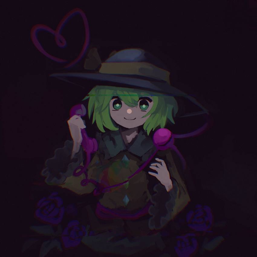 1girl, black_hat, bow, dark_background, dress, flower, frilled_dress, frills