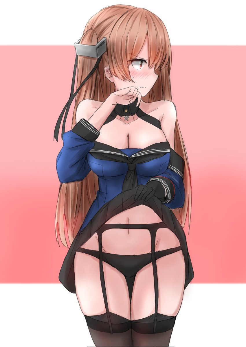 1girl, black_panties, black_skirt, black_thighhighs, blue_shirt, blush, breasts, brown_eyes