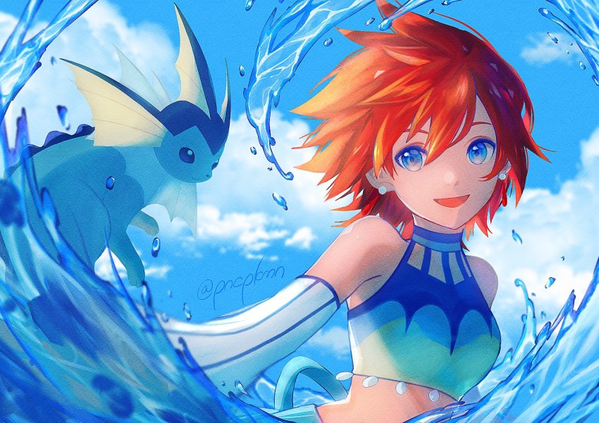 1girl, bare_shoulders, blue_eyes, cloud, commentary_request, day, detached_sleeves, gen_1_pokemon, hair_between_eyes, looking_at_viewer, medium_hair, misty_(pokemon), misty_(sygna_suit)_(pokemon), nintendo, official_alternate_costume, open_mouth, orange_hair, outdoors, pokemon, pokemon_(creature), pokemon_masters_ex, punico_(punico_poke), sky, smile, tongue, twitter_username, upper_body, vaporeon, water, water_drop