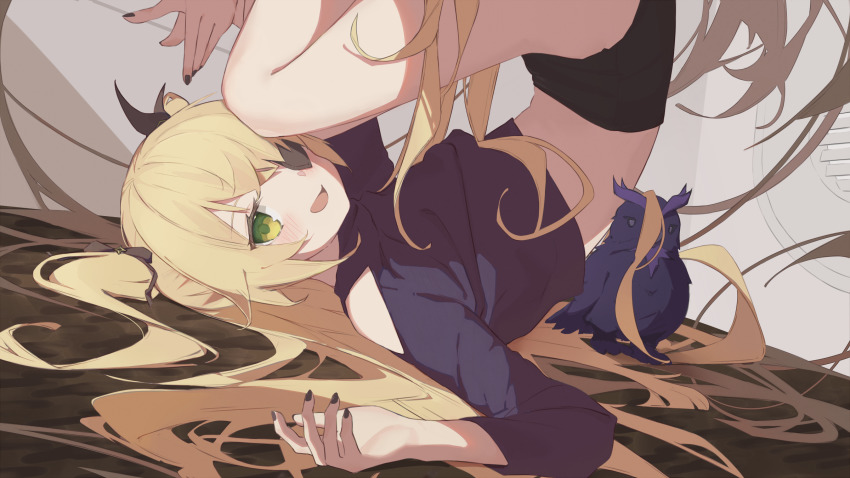 1girl, :d, bird, black_nails, black_shorts, blonde_hair, casual, cropped, crow, fischl_(genshin_impact), genshin_impact, green_eyes, highres, long_hair, long_sleeves, looking_at_viewer, lying, midriff, nail_polish, on_back, open_mouth, oz_(genshin_impact), purple_shirt, shirt, shorts, smile, twintails, upside-down, vicious_kage
