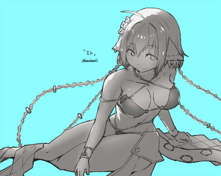 1girl, absurdly_long_hair, ahoge, animal_ears, anju_(utawarerumono), aquaplus, bare_shoulders, braid, breasts, cleavage, cleavage_cutout, closed_mouth, clothing_cutout, collarbone, crossed_legs, from_above, full_body, greyscale, hair_between_eyes, kazuhane2, large_breasts, legs_together, long_hair, looking_to_the_side, midriff, monochrome, aged_up, raised_eyebrows, sidelocks, signature, sleeveless, smile, solo, swimsuit, tail, thick_thighs, thighs, utawarerumono, utawarerumono:_itsuwari_no_kamen, utawarerumono:_lost_flag, very_long_hair