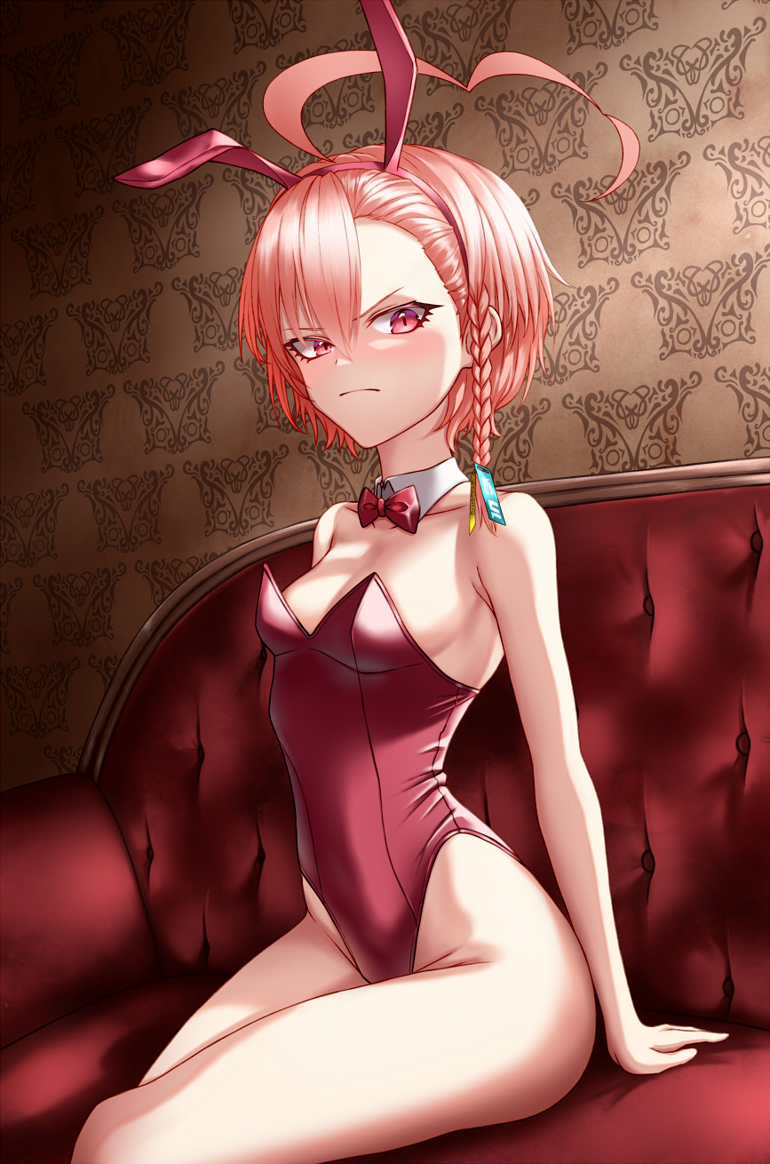 1girl, ahoge, animal_ears, bare_legs, bare_shoulders, blue_archive, bow, bowtie