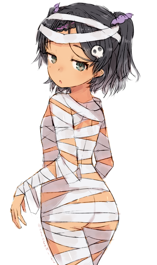 1girl, alchera, ass, bandages, black_eyes, black_hair, braid, cowboy_shot