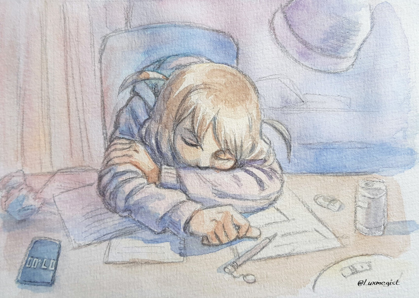 1girl, artist_name, binkan-chan, brown_hair, cellphone, eraser, highres, hood