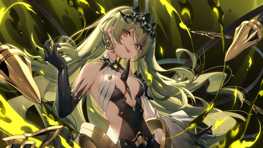 1girl, :p, absurdres, bare_shoulders, black_gloves, breasts, chinese_commentary, claw_ring