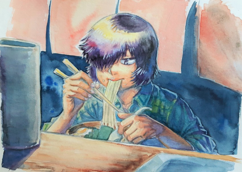 1girl, absurdres, archived_source, black_eyes, chopsticks, drawfag, eating, food, green_shirt, hair_over_one_eye, highres, indoors, luxmegist, nazo_no_kanojo_x, noodles, plaid_clothes, plaid_shirt, ramen, shirt, solo, tagme, urabe_mikoto