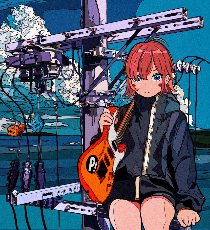 1girl, absurdres, ahoge, aqua_eyes, cloud, cyberpunk, guitar, harusameriburo, highres, instrument, ligne_claire, looking_at_viewer, medium_hair, original, power_lines, red_hair, sitting, sky, solo, utility_pole, wire