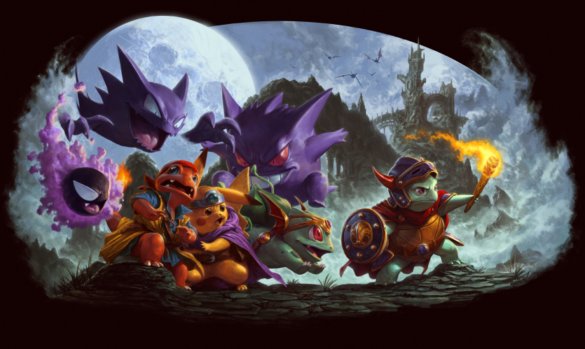 1980s_(style), bulbasaur, cape, castle, charmander, cosplay, crossover, dave_rapoza