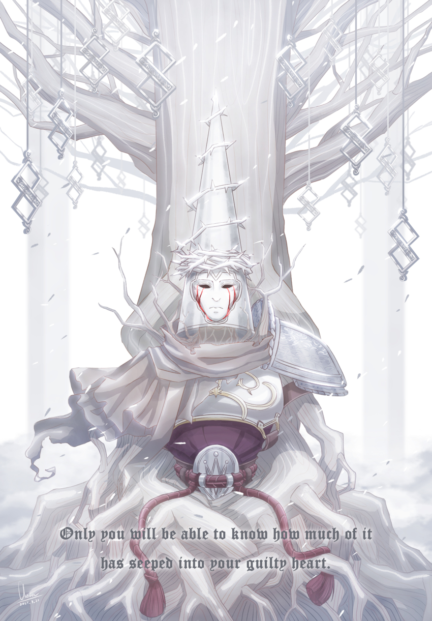 1boy, absurdres, armor, bare_tree, blasphemous, blood, bloody_tears, breastplate, clovergrasswang, commentary, english_commentary, english_text, helmet, highres, mask, penitent_one, scarf, shoulder_armor, solo, spoilers, thorns, tree, white_theme