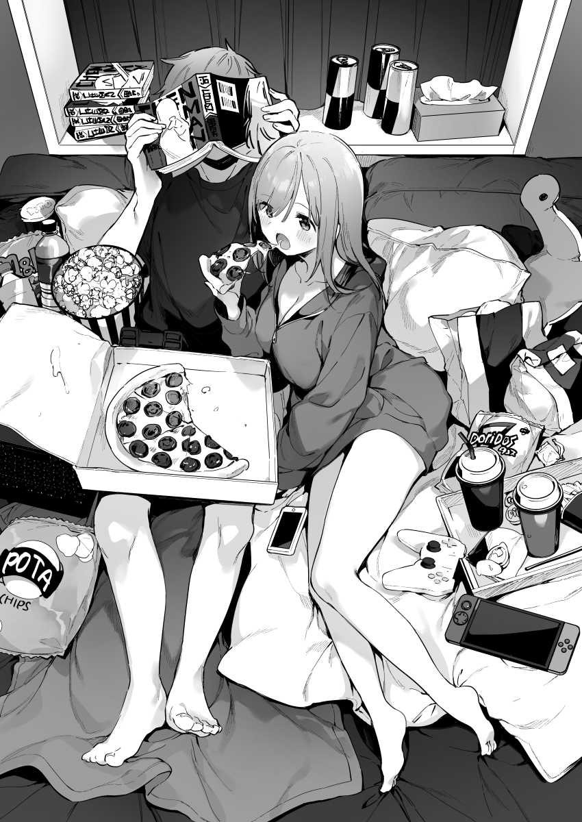 1boy, 1girl, absurdres, bag_of_chips, bare_legs, barefoot, blush, book