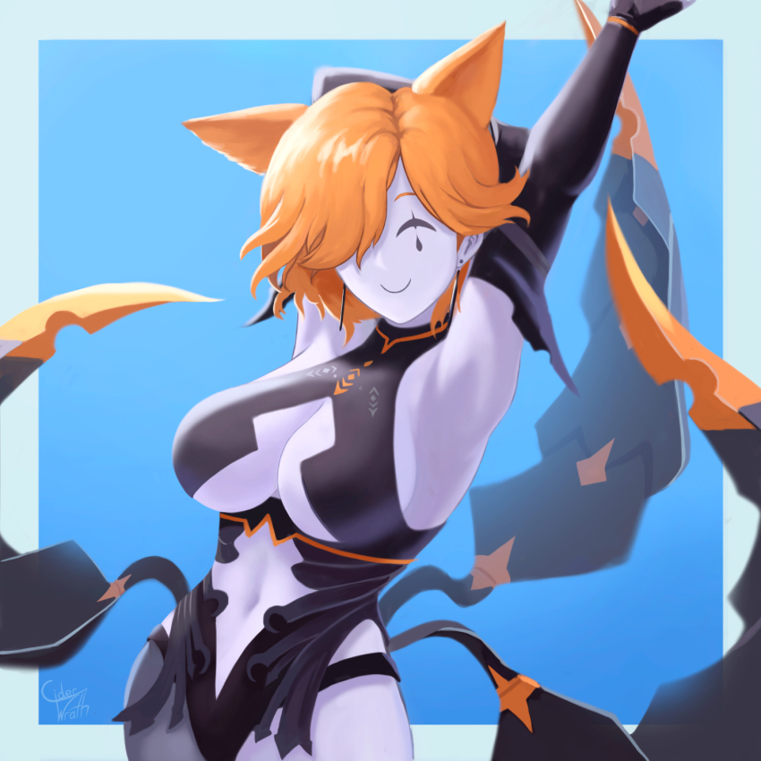 1girl, animal_ears, armpits, bare_shoulders, black_gloves, black_thighhighs, boots, breasts, cat_ears, cat_girl, center_opening, ciderwrath, cleavage, cleavage_cutout, closed_eyes, closed_mouth, clothing_cutout, covered_collarbone, earrings, facial_mark, female_focus, fingerless_gloves, fire_emblem, fire_emblem:_three_houses, fire_emblem_heroes, full_body, gloves, hair_over_one_eye, high_heel_boots, high_heels, highres, jewelry, kronya_(fire_emblem), large_breasts, leotard, lips, navel, nintendo, orange_hair, pale_skin, red_eyes, revealing_clothes, short_hair, signature, sleeveless, smile, solo, standing, tattoo, teardrop_tattoo, thigh_boots, thighhighs, thighs, turtleneck, underboob, underboob_cutout