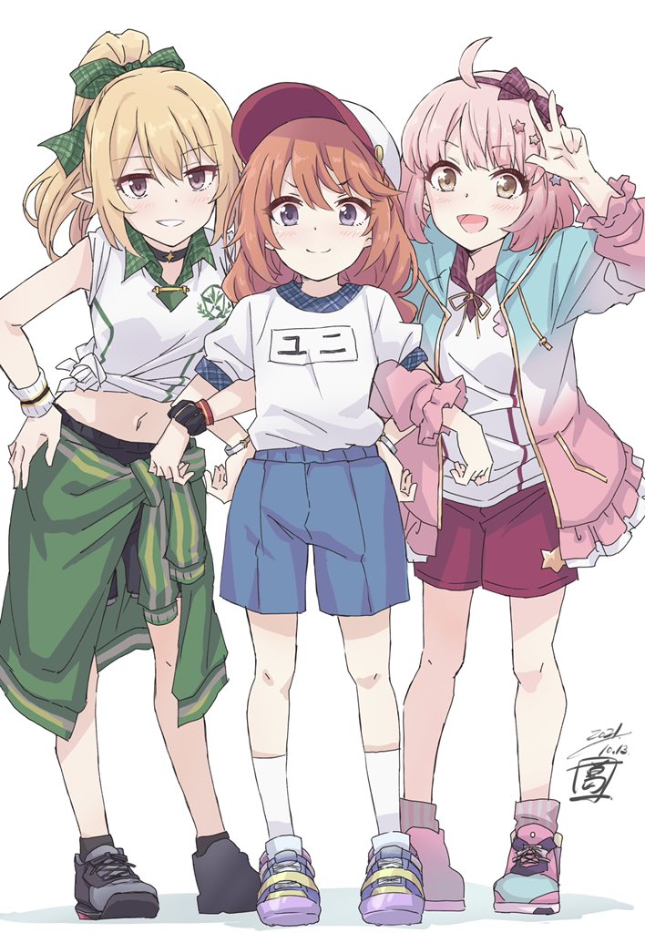 3girls, ahoge, artist_logo, blonde_hair, chieru_(princess_connect!), chieru_(school_festival)_(princess_connect!), chloe_(princess_connect!), chloe_(school_festival)_(princess_connect!)