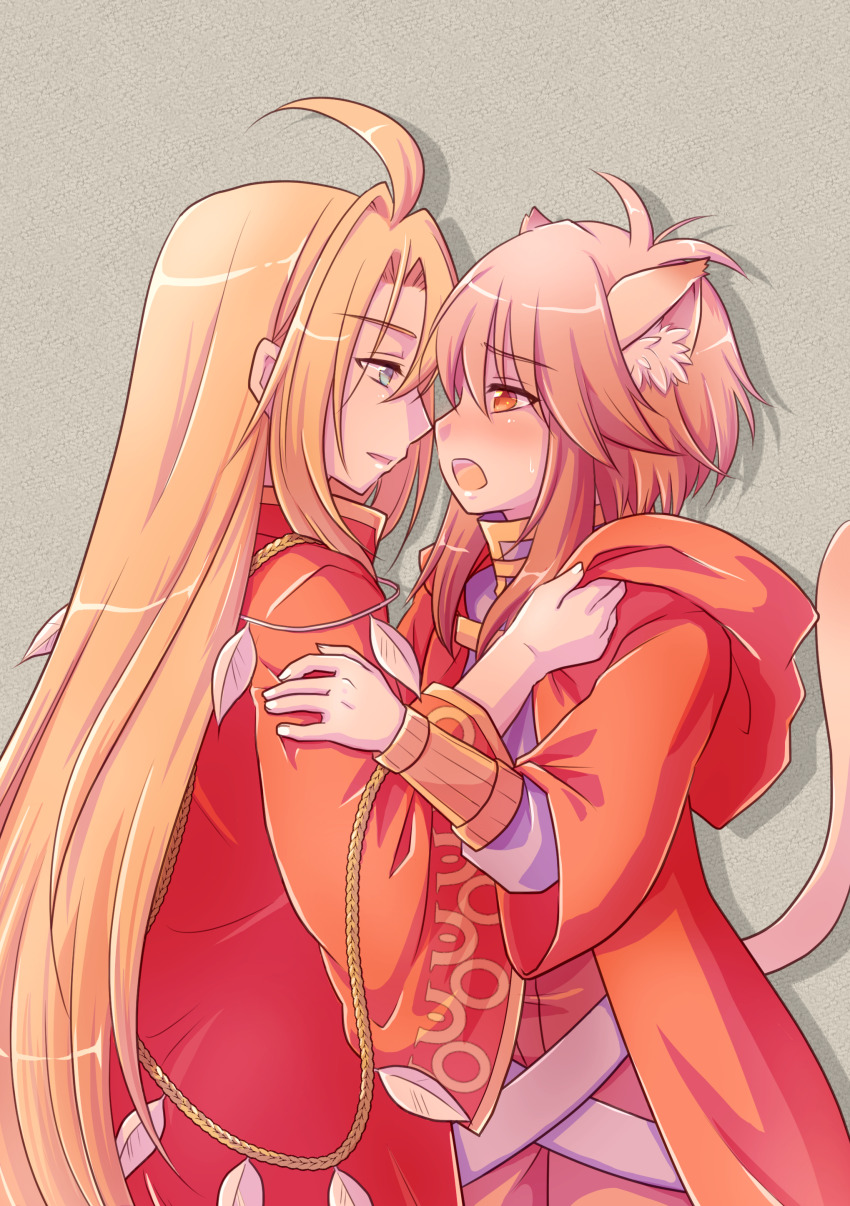 2boys, absurdres, ahat_(ragnarok_online), ahoge, animal_ear_fluff, animal_ears, blonde_hair, blue_eyes, blue_shirt, blush, brown_eyes, brown_hair, cat_boy, cat_ears, cat_tail, cheshire_(ragnarok_online), cloak, clothes_grab, cowboy_shot, grey_background, hair_between_eyes, highres, long_hair, looking_at_another, male_focus, manoji, medium_hair, multiple_boys, open_mouth, ragnarok_online, red_cloak, red_robe, robe, shirt, sidelocks, tail, yaoi
