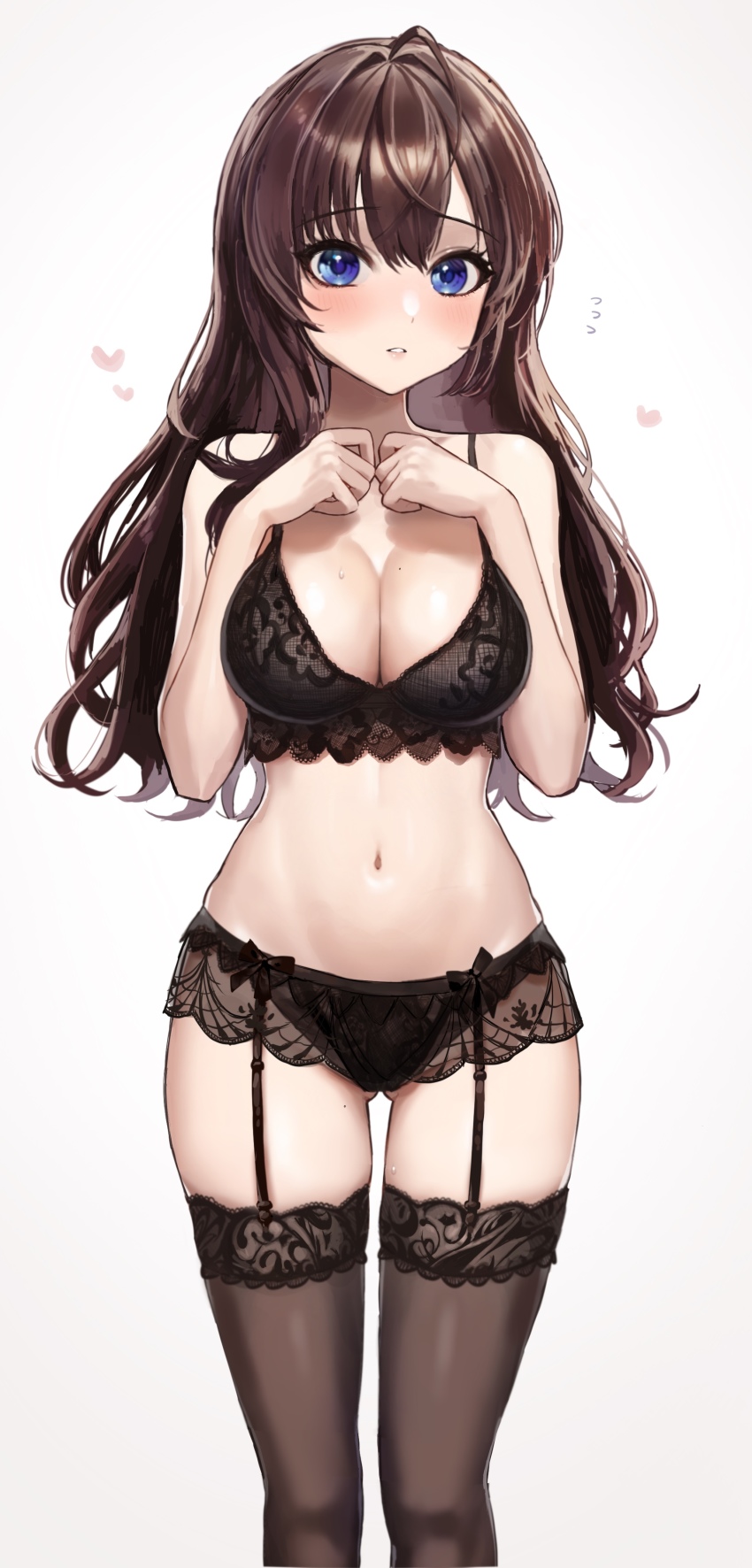 1girl, absurdres, black_thighhighs, blue_eyes, blush, breasts, brown_hair, brown_thighhighs, cleavage, heart, highres, ichinose_shiki, idolmaster, idolmaster_cinderella_girls, kudo_eru, lace, lingerie, long_hair, midriff, navel, panties, solo, thighhighs, underwear, underwear_only