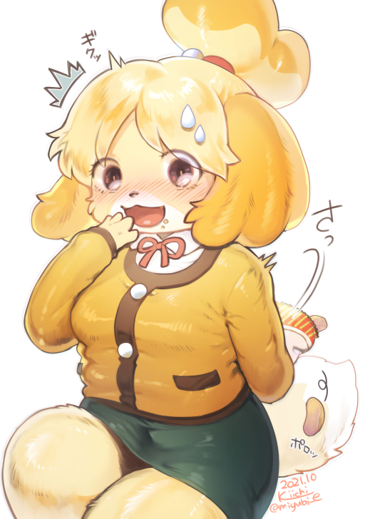 1girl, :3, ^^^, animal_crossing, animal_ears, animal_nose, arm_behind_back, artist_name, bag, blonde_hair, blush, body_fur, breasts, brown_eyes, buttons, caught, chips_(food), collared_shirt, crumbs, dated, dog_ears, dog_girl, dog_tail, embarrassed, female_focus, food, food_on_face, furry, furry_female, green_skirt, hair_tie, hand_to_own_mouth, hand_up, holding, holding_bag, isabelle_(animal_crossing), jacket, japanese_text, kiichi_(ca0sf), long_sleeves, looking_at_viewer, making-of_available, miniskirt, motion_lines, neck_ribbon, nervous, nervous_smile, nintendo, nose_blush, open_mouth, parted_bangs, pencil_skirt, plump, pocket, potato_chips, red_ribbon, ribbon, shirt, short_hair, signature, simple_background, sitting, skirt, small_breasts, smile, solo, tail, thick_thighs, thighs, topknot, translation_request, twitter_username, two-tone_fur, white_background, white_fur, white_shirt, wide-eyed, wide_hips, yellow_fur, yellow_jacket