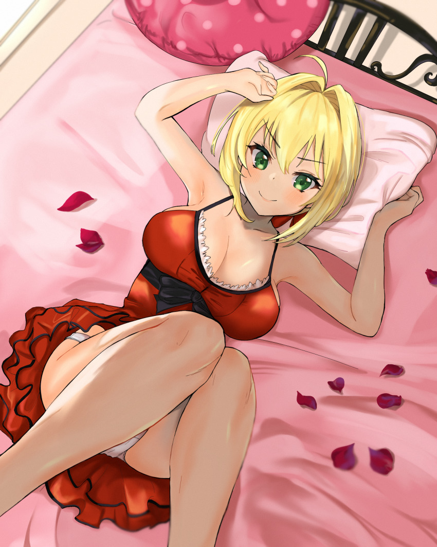 1girl, absurdres, ahoge, armpits, bare_shoulders, bed, blonde_hair, blush, bmyoshikun123, breasts, cleavage, closed_eyes, collarbone, dress, fate/extra, fate/extra_ccc, fate/grand_order, fate_(series), from_above, green_eyes, hair_intakes, highres, large_breasts, long_hair, looking_at_viewer, lying, nero_claudius_(fate), nero_claudius_(modern_costume_of_crimson)_(fate), official_alternate_costume, on_back, open_mouth, panties, pantyshot, petals, red_dress, smile, solo, underwear