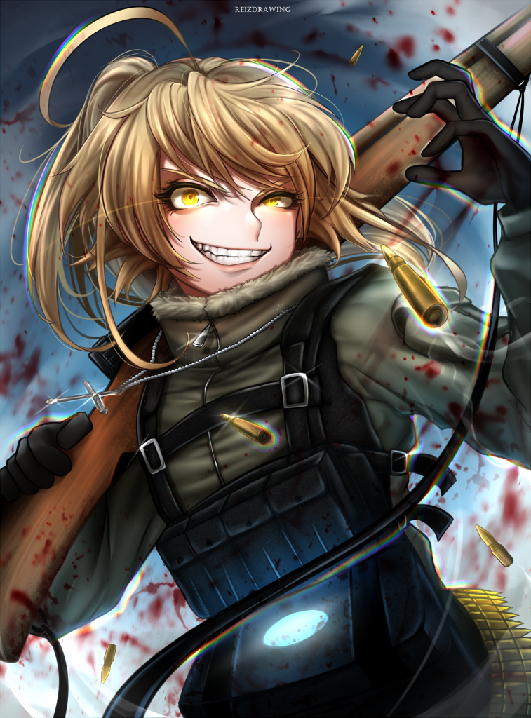 1girl, ahoge, armor, black_gloves, blonde_hair, blood, blue_eyes, bullet, commentary, english_commentary, evil_grin, evil_smile, gloves, grin, gun, looking_at_viewer, over_shoulder, reizdrawing, rifle, smile, solo, tanya_degurechaff, weapon, weapon_over_shoulder, youjo_senki