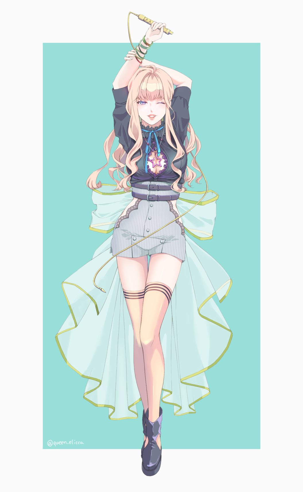 1girl, arm_behind_head, black_footwear, black_shirt, blouse, breasts, cleavage_cutout, clothing_cutout