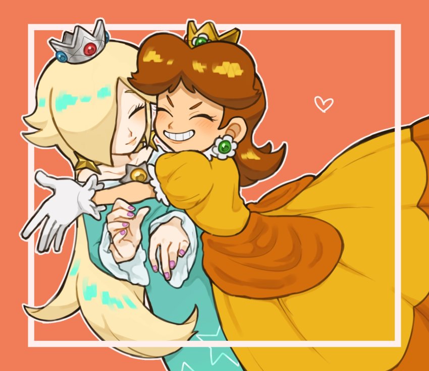 2girls, bare_shoulders, blonde_hair, brooch, brown_hair, collarbone, crown, dress, earrings, closed_eyes, gloves, grin, heart, highres, hug, jewelry, juliet_sleeves, long_hair, long_sleeves, mario_(series), medium_hair, mimimim9999, multiple_girls, nail_polish, nintendo, orange_background, pink_nails, princess_daisy, puffy_sleeves, rosalina, smile, super_mario_galaxy, super_mario_land, upper_body, yuri