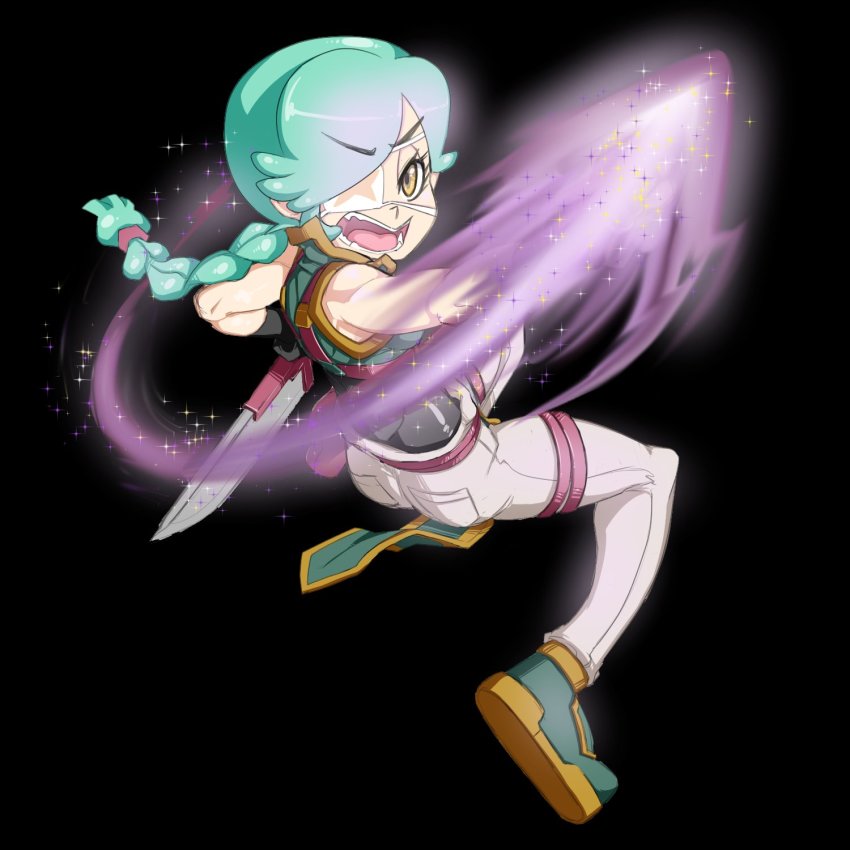 1girl, annie_(skullgirls), belt, belt_buckle, black_background, braid, breasts, buckle