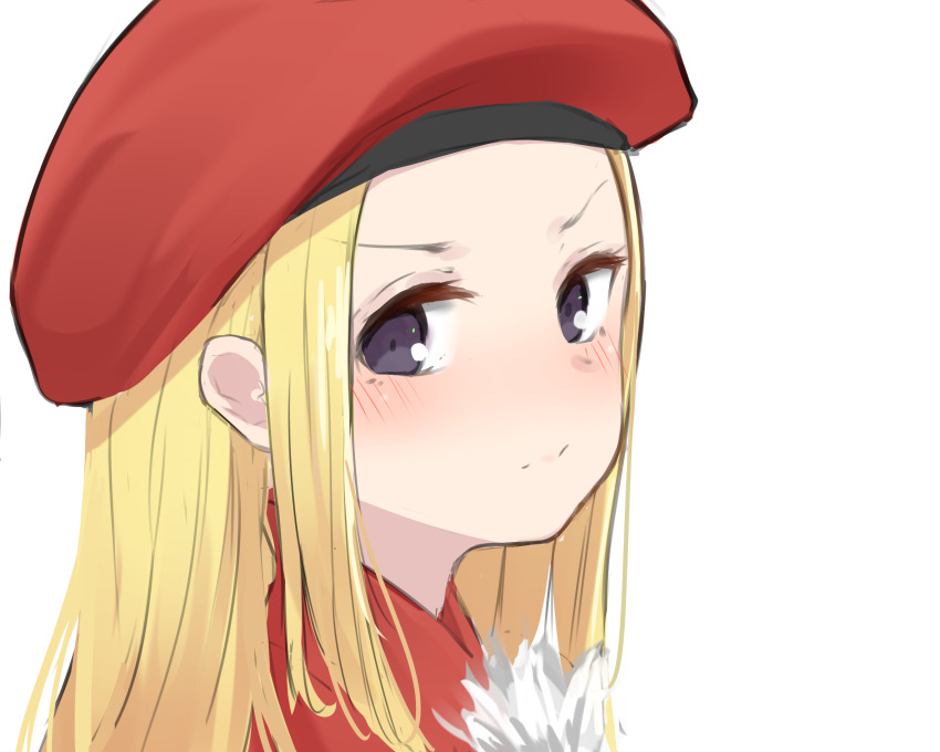 1girl, belfraw_martini, beret, blonde_hair, blush, closed_mouth, dress, forehead