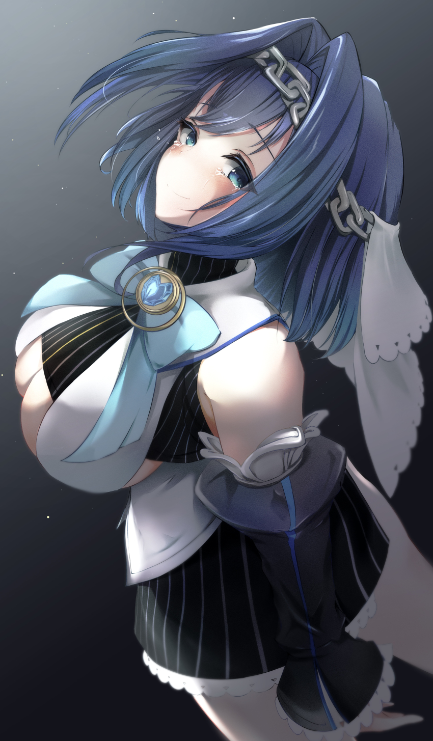 1girl, absurdres, blue_eyes, blue_hair, blush, breasts, chain, cleavage