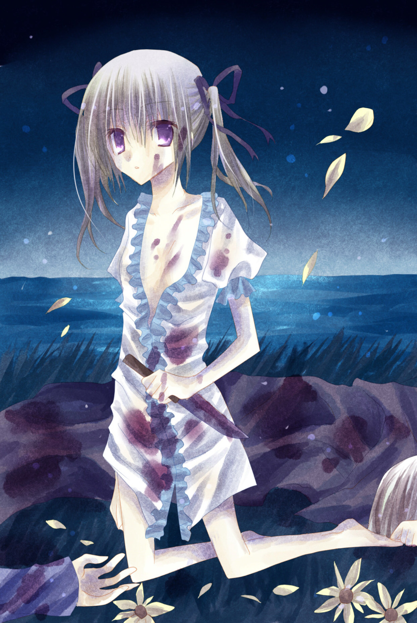 1girl, bad_id, bad_pixiv_id, blood, female_focus, highres, kazato_amane, kneeling, knife, purple_eyes, short_twintails, solo, sugarstar, twintails