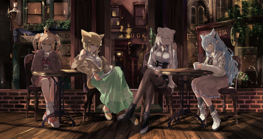 4girls, absurdres, ahoge, animal_ear_fluff, animal_ears, black_footwear, black_hair, black_pantyhose
